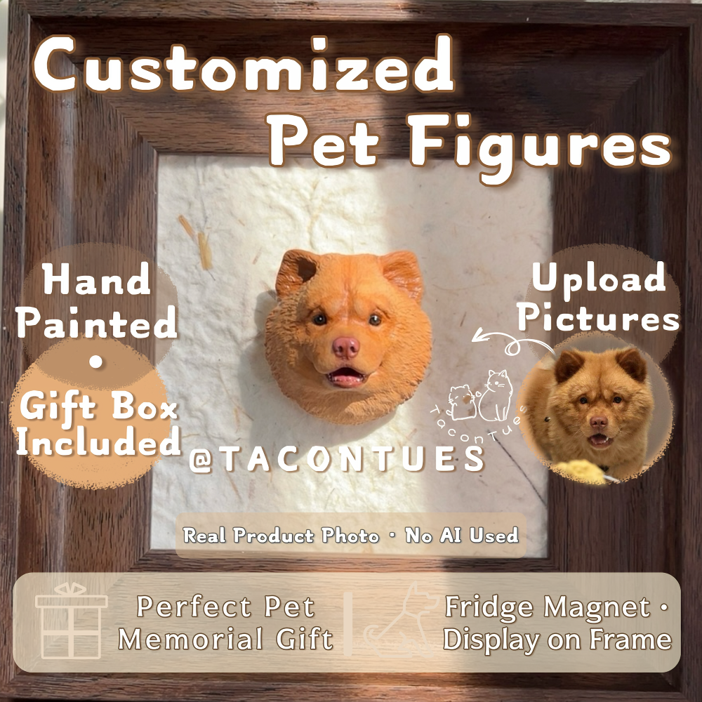 Customized pet memorial figure in wooden frame, hand-painted dog head sculpture from photo, real product photo no AI