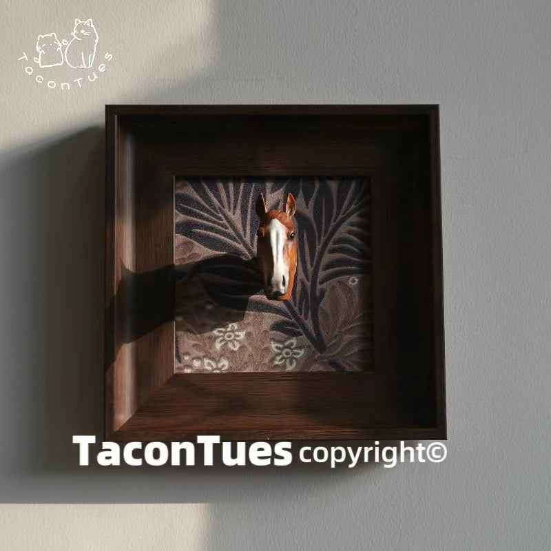 Custom hand-painted black horse head figurine in dark wooden display frame, personalized equestrian memorial gift by Taco&Tues