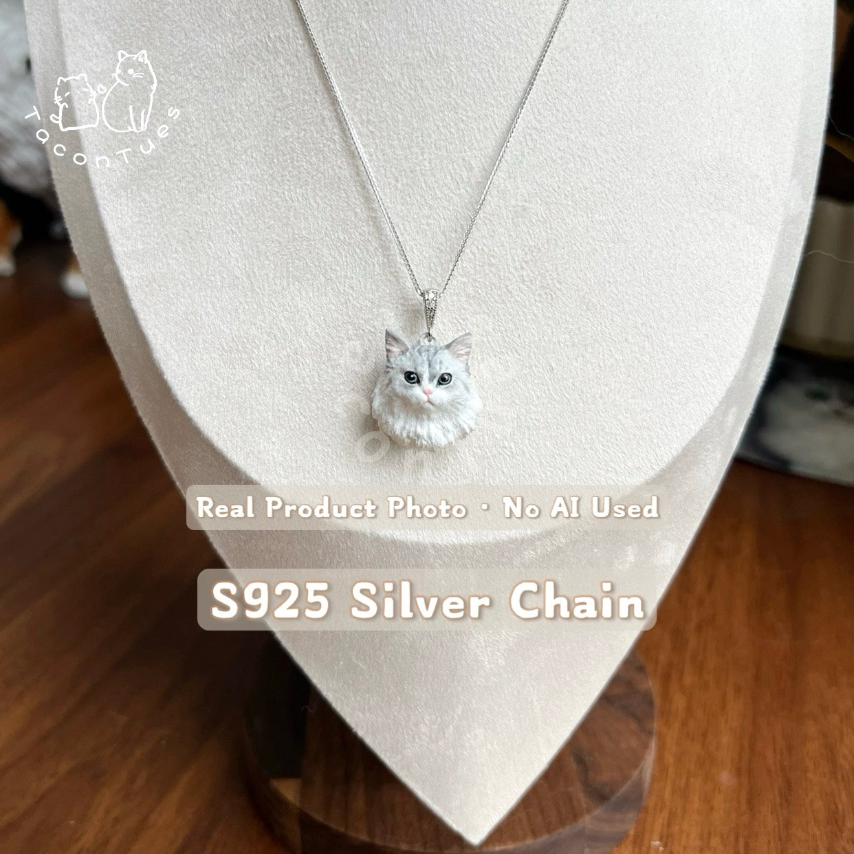 Custom white longhair cat portrait pendant necklace on S925 silver chain, hand-painted, real product no AI, by Taco&Tues