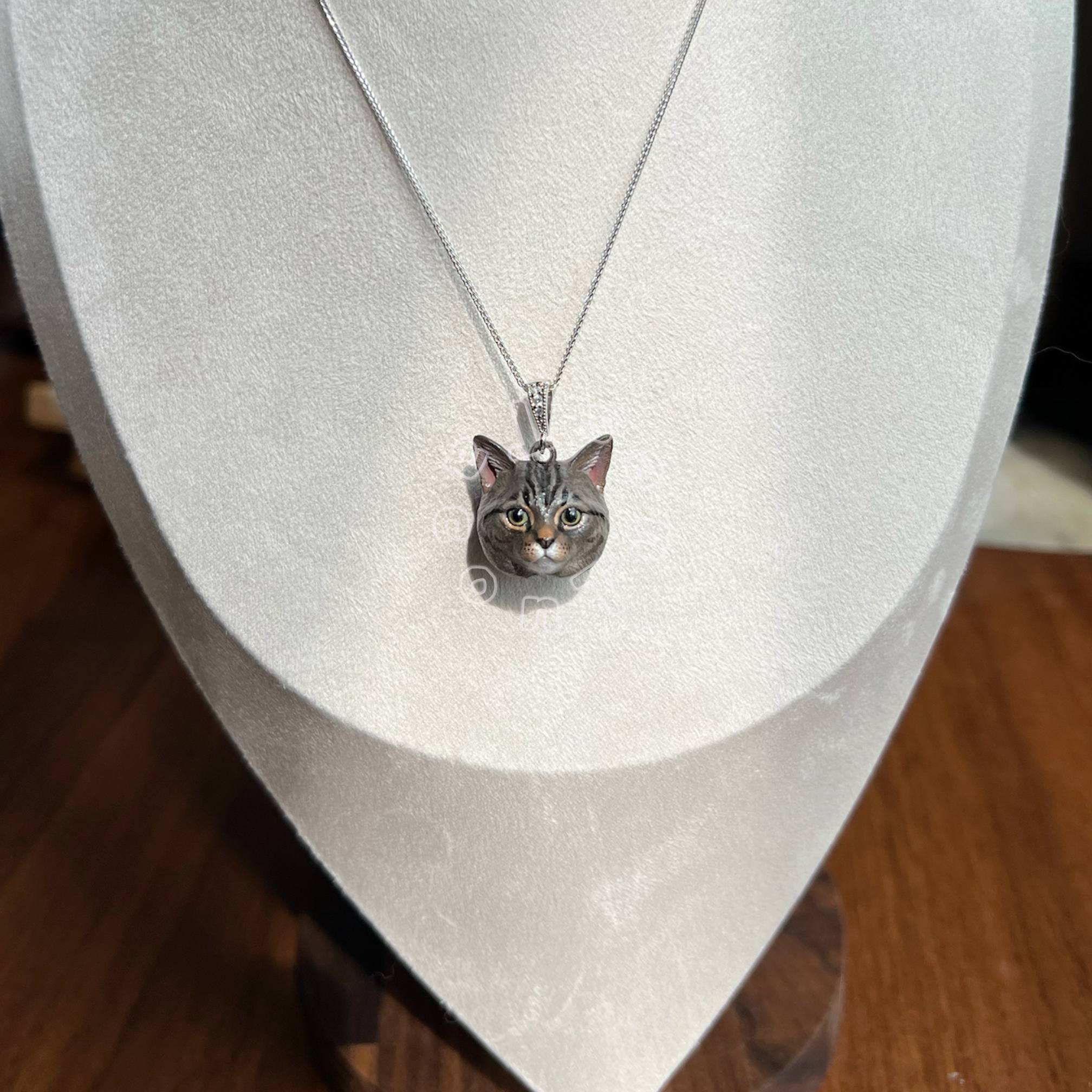 Custom grey tabby cat portrait pendant necklace on silver chain, hand-painted from photo, real product by Taco&Tues