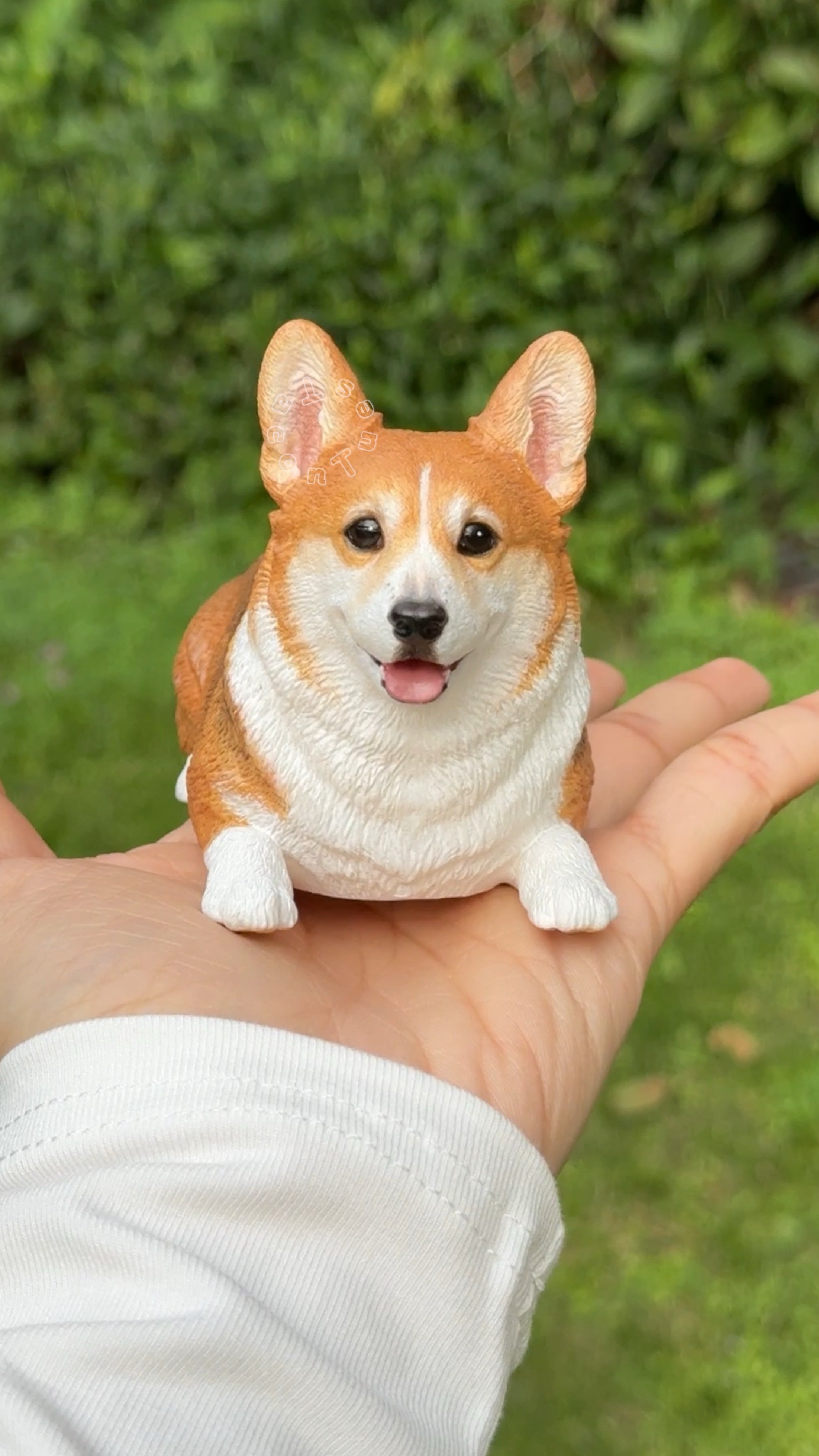 Hand holding a custom full-body Corgi dog figurine outdoors, 3D printed and hand-painted from photo, by Taco&Tues