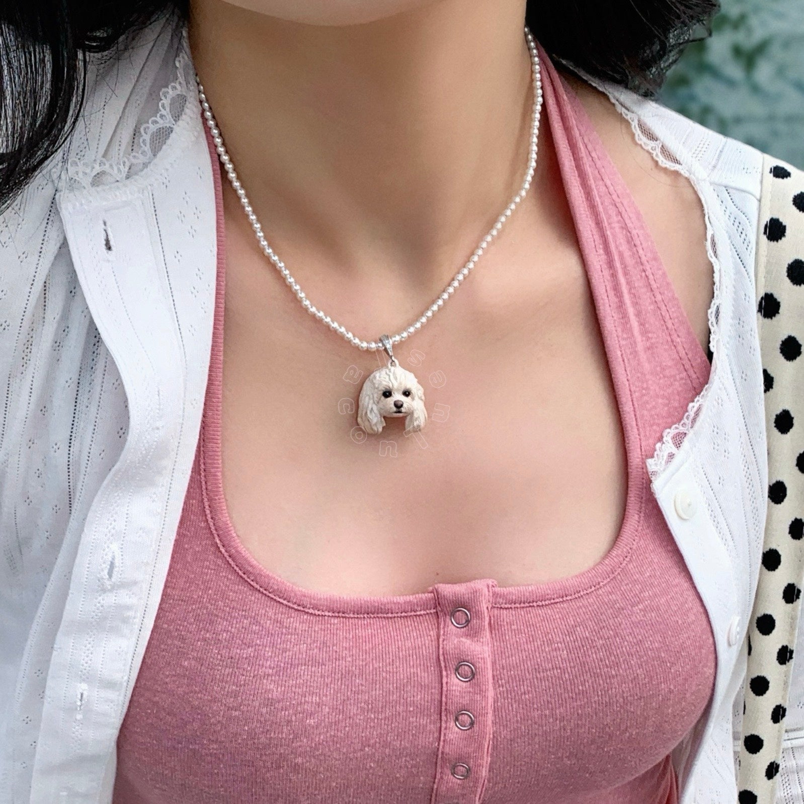 Custom white Poodle dog portrait pendant on pearl chain necklace worn by model, personalized pet memorial jewelry by Taco&Tues
