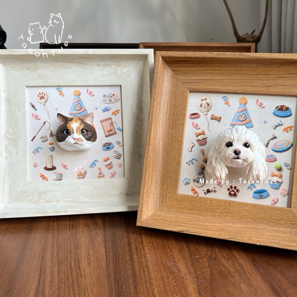 Custom hand-painted cat and dog figurines in wooden frames with birthday party themed backgrounds, made from your pet photos