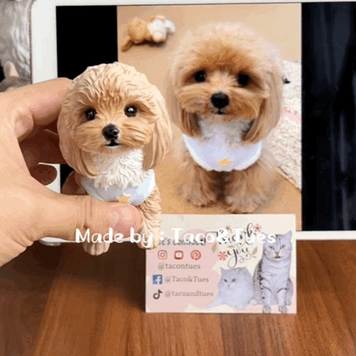 Handcrafted 3D sculpting and painting process for custom Maltese dog full-body figurine, not AI generated, made to order