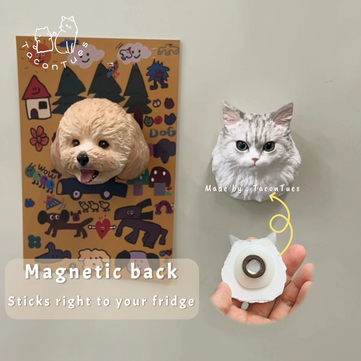 Hand-painted custom pet figurines of a dog and cat stuck on a fridge with built-in magnetic back