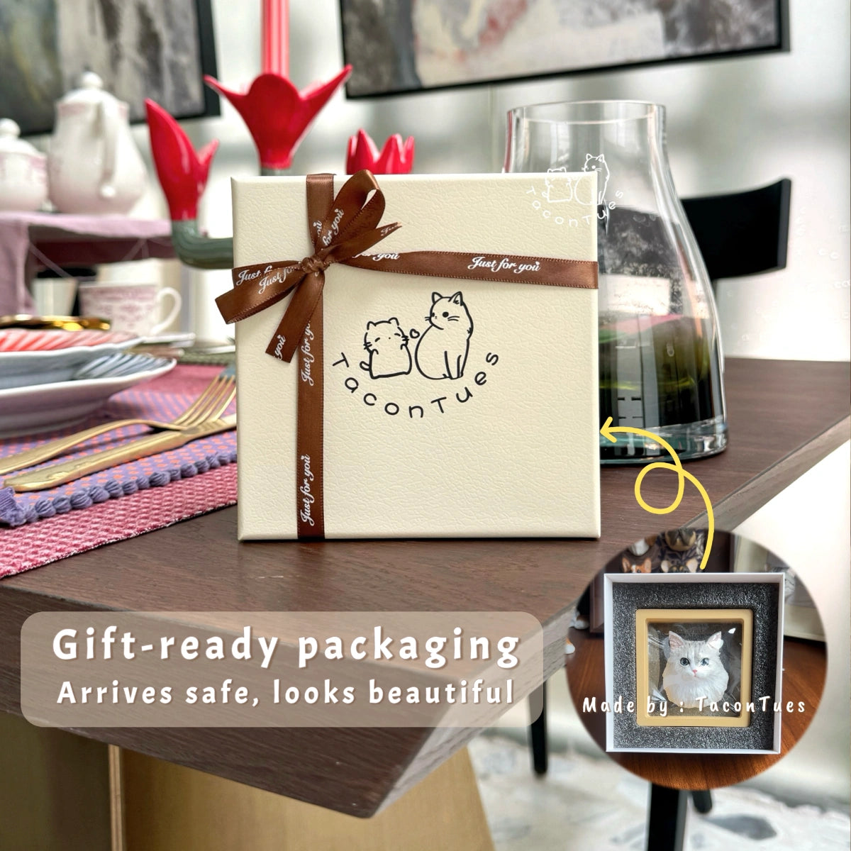 Taco&Tues branded gift box with ribbon, containing a custom hand-painted pet figurine in a display frame
