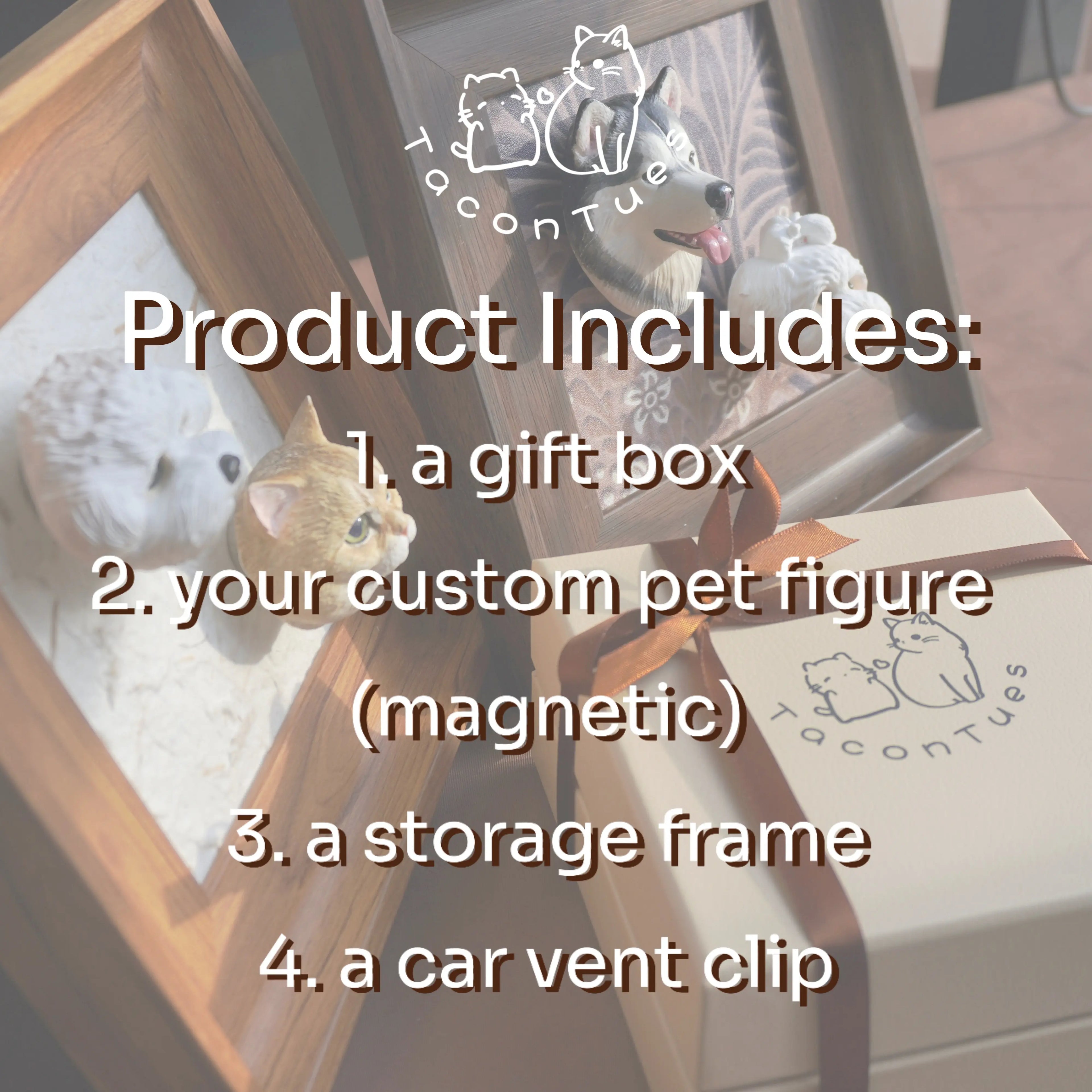 Custom pet figurine product contents: gift box, magnetic custom pet figure, storage frame, and car vent clip
