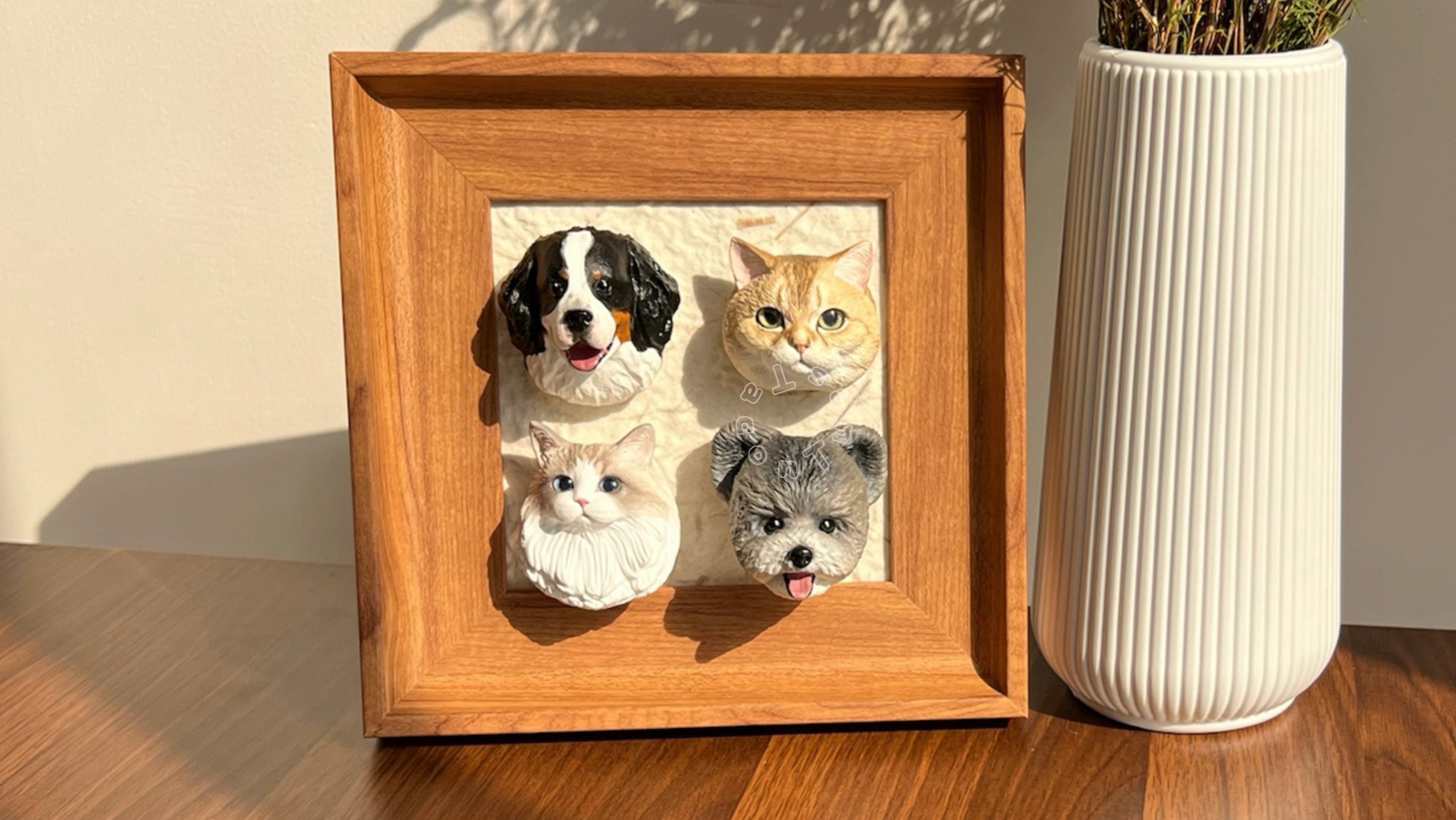 Four custom hand-painted cat and dog head figurines in wooden display frame, styled with home decor, personalized pet memorial gift by Taco&Tues