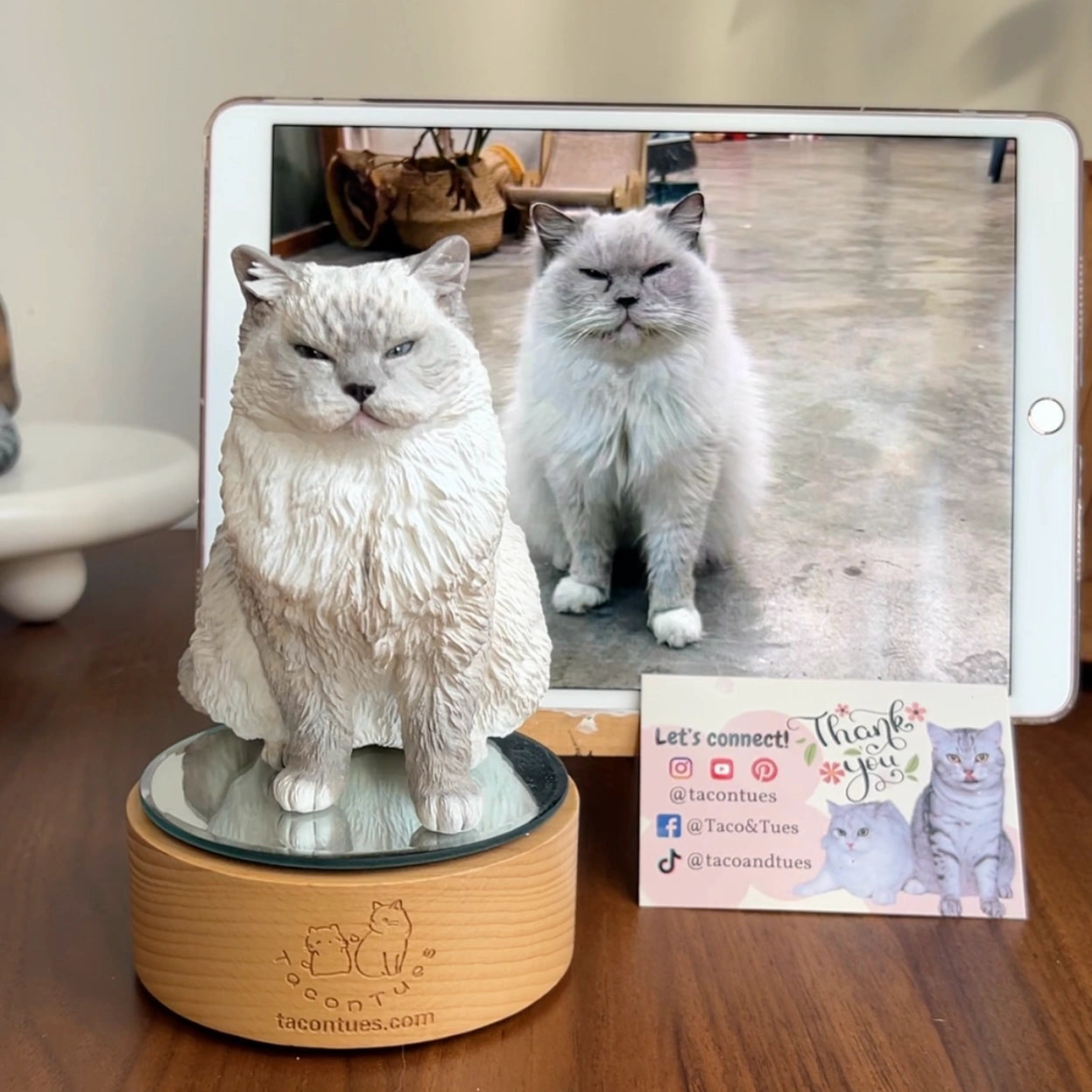 Handmade white fluffy cat sculpture by TaconTues, displayed next to tablet showing real cat photo for comparison — hyper-realistic pet memorial art
