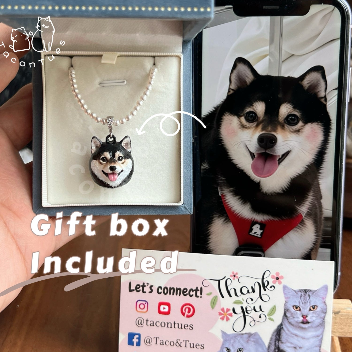 Dog pendant necklace in a gift box with a dog photo and &