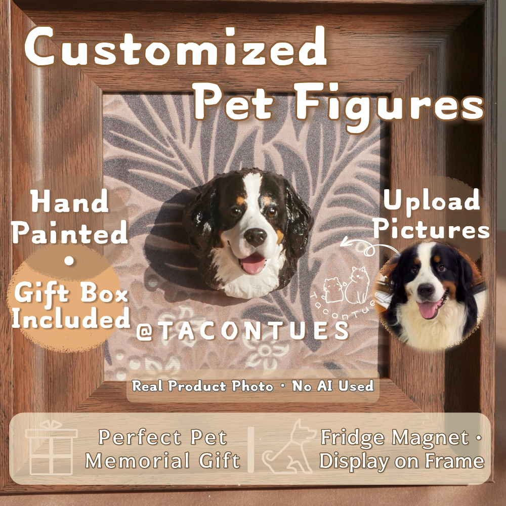 Custom Bernese Mountain Dog memorial figure, hand-painted plaster pet sculpture in wooden frame, personalized dog gift from photo