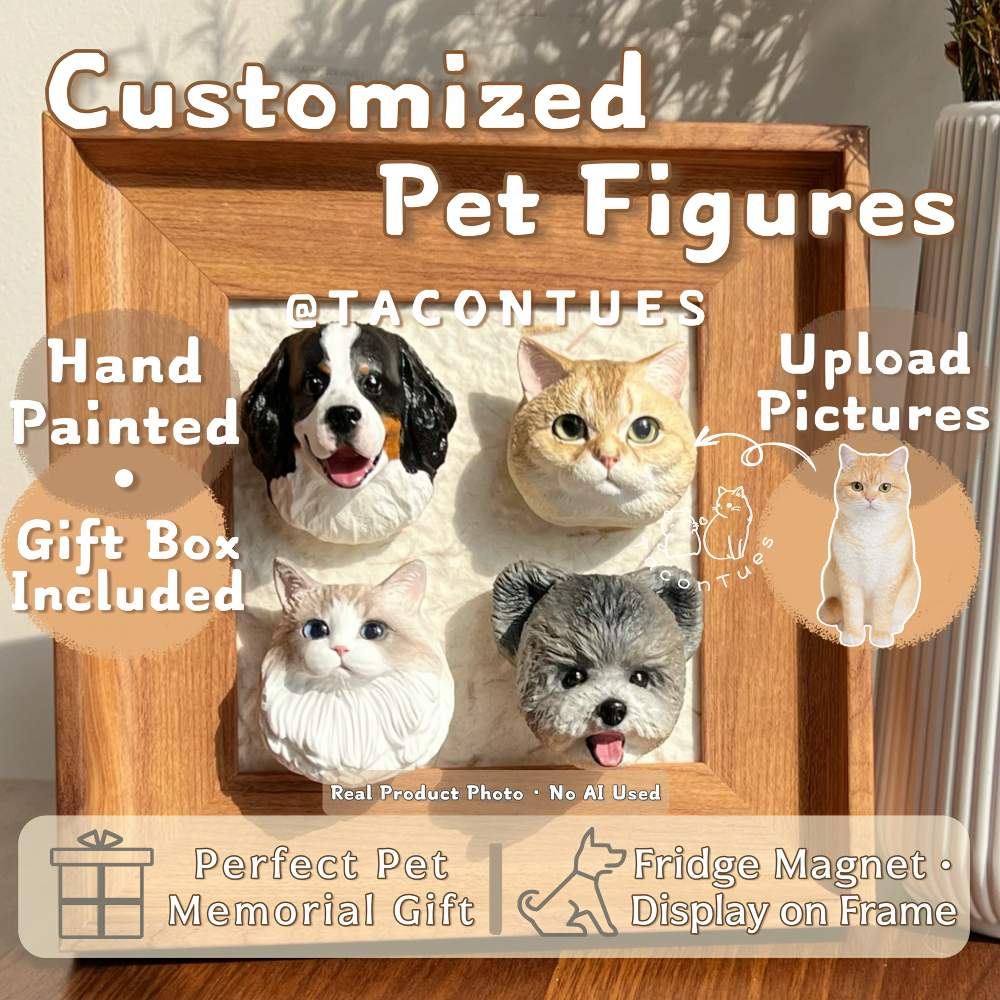 Custom pet figures display, hand-painted dog and cat memorial sculptures in wooden frame, personalized 3D plaster pet gifts from photos