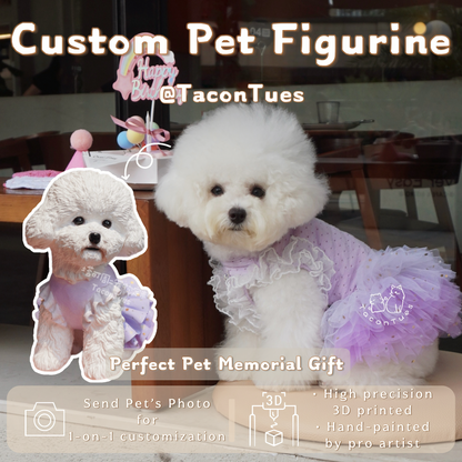 Custom pet figurine with a dog in a purple outfit