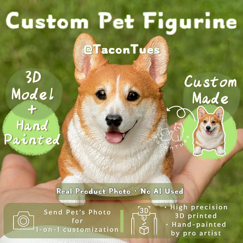 a custom pet figurine of a corgi with promotional text about 3D model, hand painting, and customization.