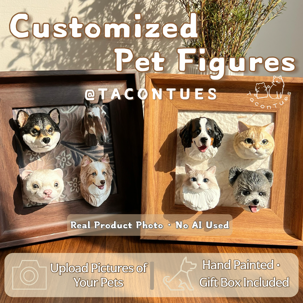 Custom hand-painted pet memorial figures in wooden frames, personalized dog and cat sculptures from photos