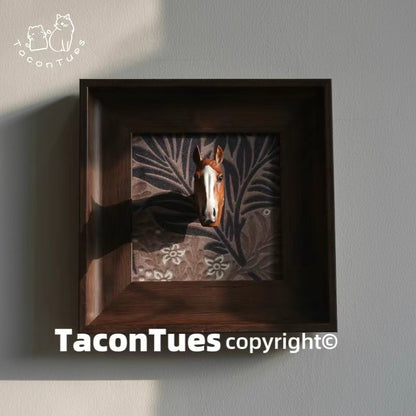 Custom hand-painted black horse head figurine in dark wooden display frame, personalized equestrian memorial gift by Taco&amp;Tues
