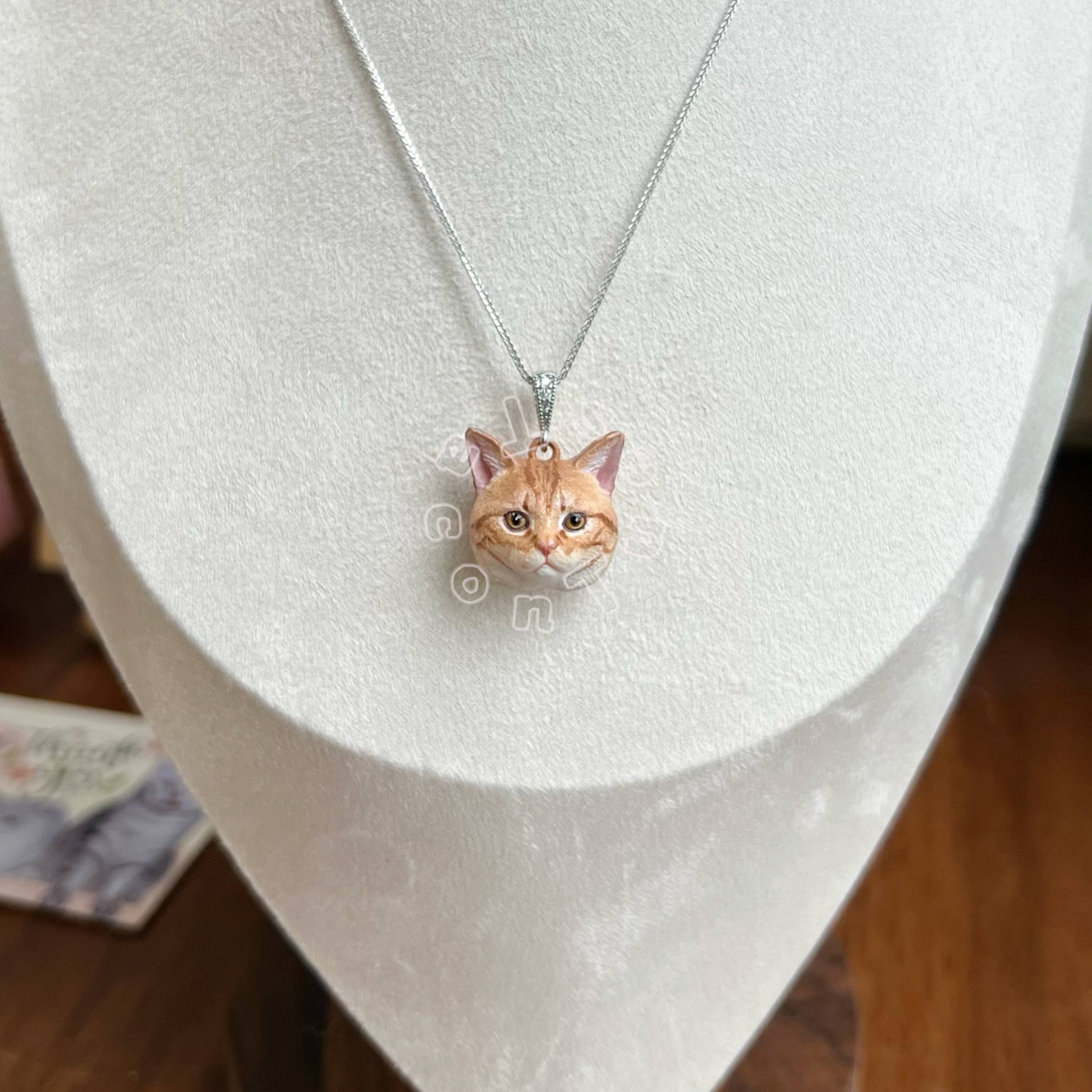 Custom orange tabby cat portrait pendant necklace on silver chain, hand-painted from photo, real product by Taco&amp;Tues