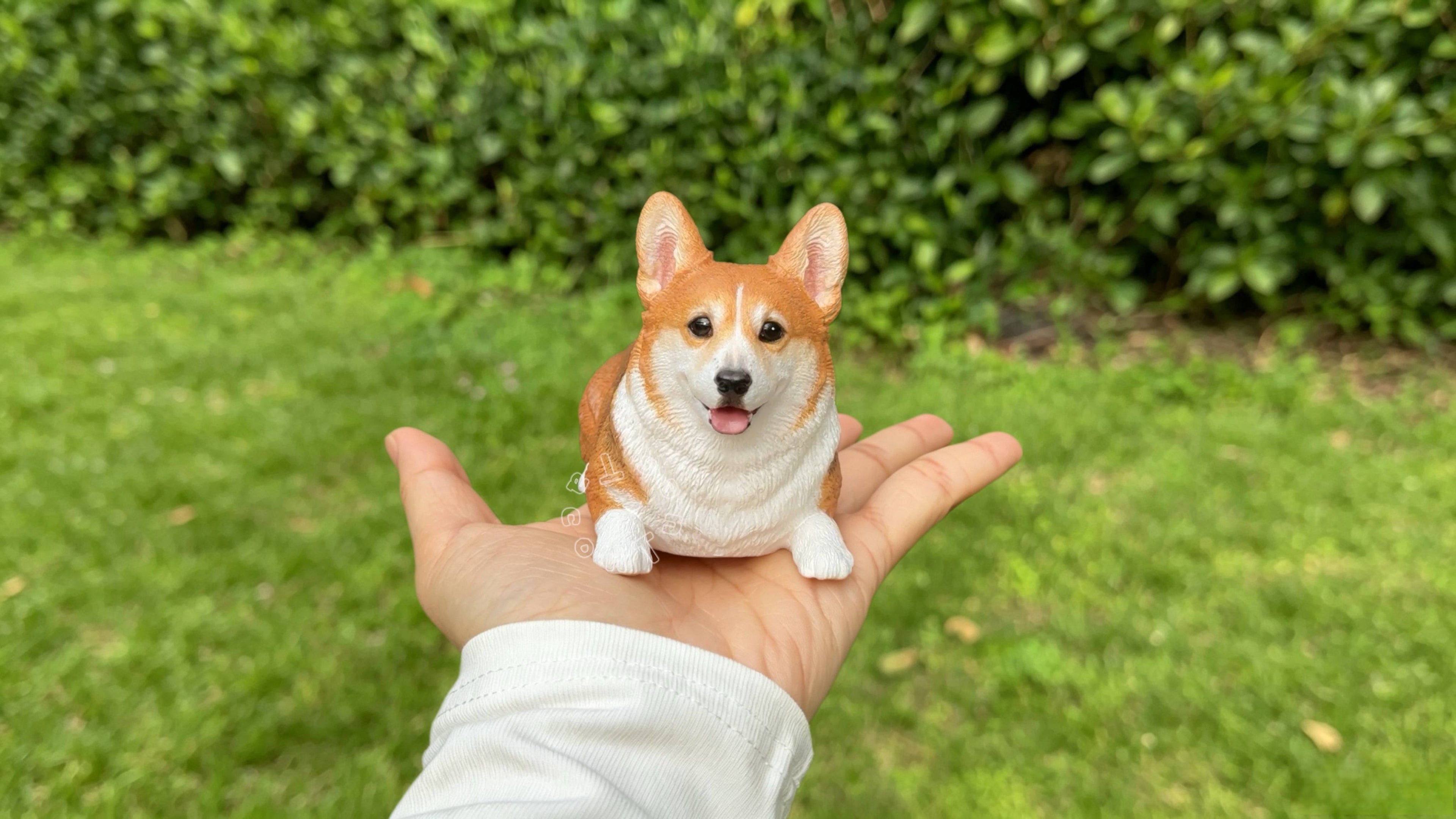 Hand holding a custom full-body Corgi dog figurine on grass background, 3D printed and hand-painted from photo by Taco&Tues