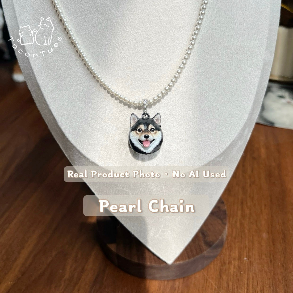 Custom black Shiba Inu dog portrait pendant on pearl chain necklace, hand-painted, real product no AI, by Taco&amp;Tues