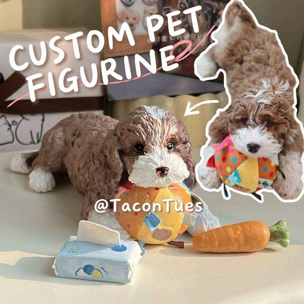 Custom full-body Cockapoo dog figurine next to real dog photo showing accurate likeness, hand-painted pet memorial gift by Taco&amp;Tues