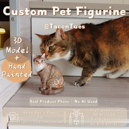 Two custom full-body orange tabby cat figurines, 3D modeled and hand-painted from photos, real product no AI used