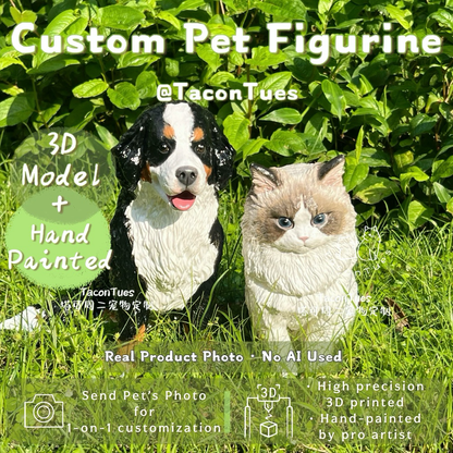 Custom full-body pet figurines of a Bernese Mountain Dog and Ragdoll cat, 3D modeled and hand-painted from photos, real product no AI