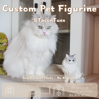 Custom full-body white longhair cat figurine hand-painted from photo, real product no AI, 3D modeled by Taco and Tues