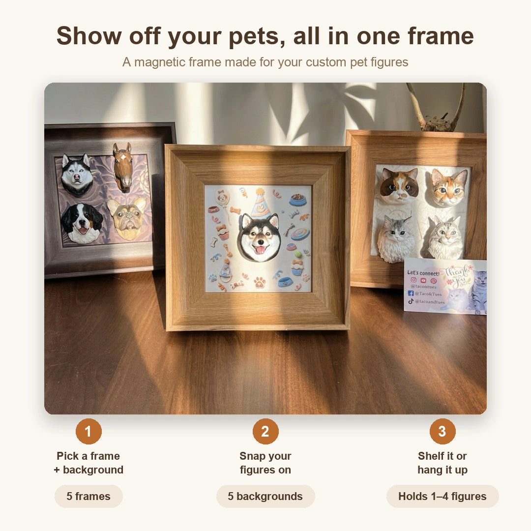 Custom hand-painted pet portrait figurines displayed in a magnetic wooden frame, personalized from your pet photos