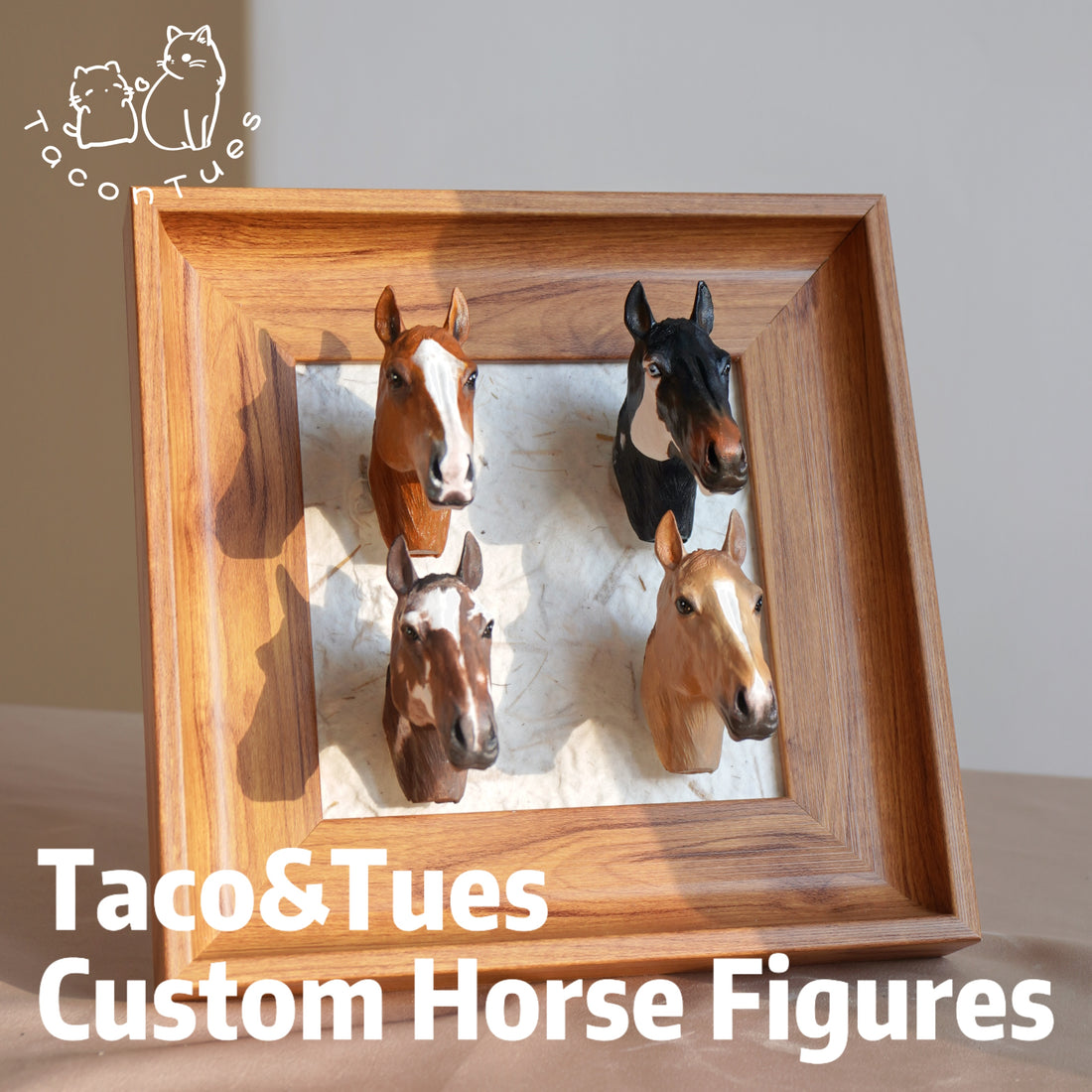 Four custom hand-painted horse head figurines in wooden display frame, personalized equestrian memorial gift by Taco&amp;Tues
