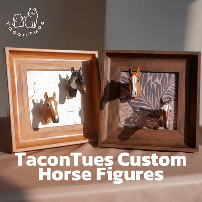 Two custom hand-painted horse head figurines displayed in wooden frame, personalized equestrian gift by Taco&amp;Tues