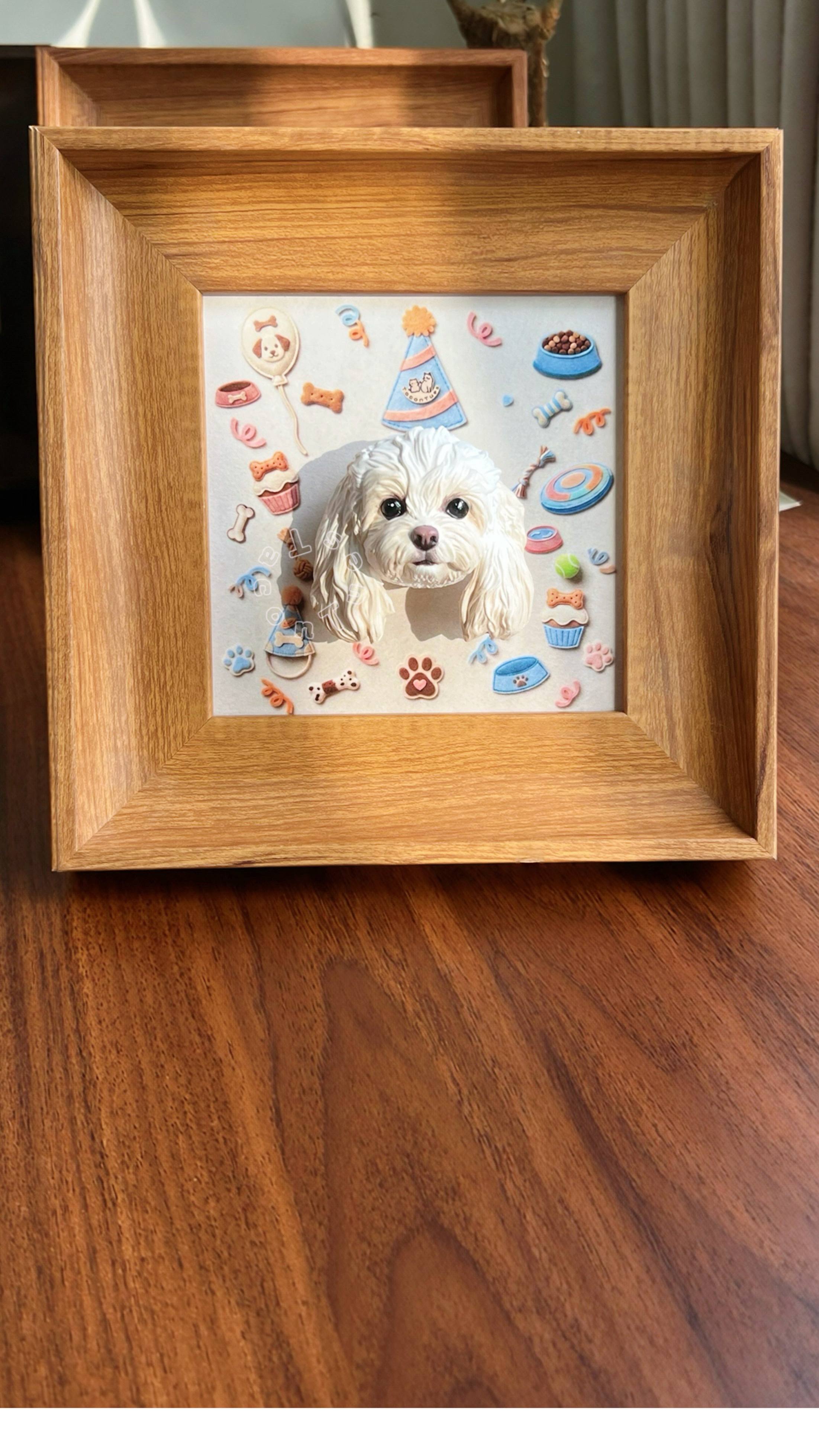 Custom Maltese dog head figurine in wooden display frame with birthday theme, hand-painted pet memorial gift by Taco&Tues