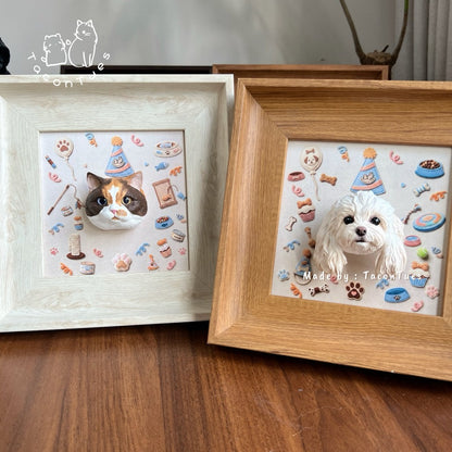 Custom hand-painted cat and dog figurines in wooden frames with birthday party themed backgrounds, made from your pet photos