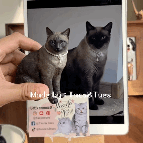 Handcrafted 3D sculpting and painting process for custom Siamese cat full-body figurine, not AI generated, made to order