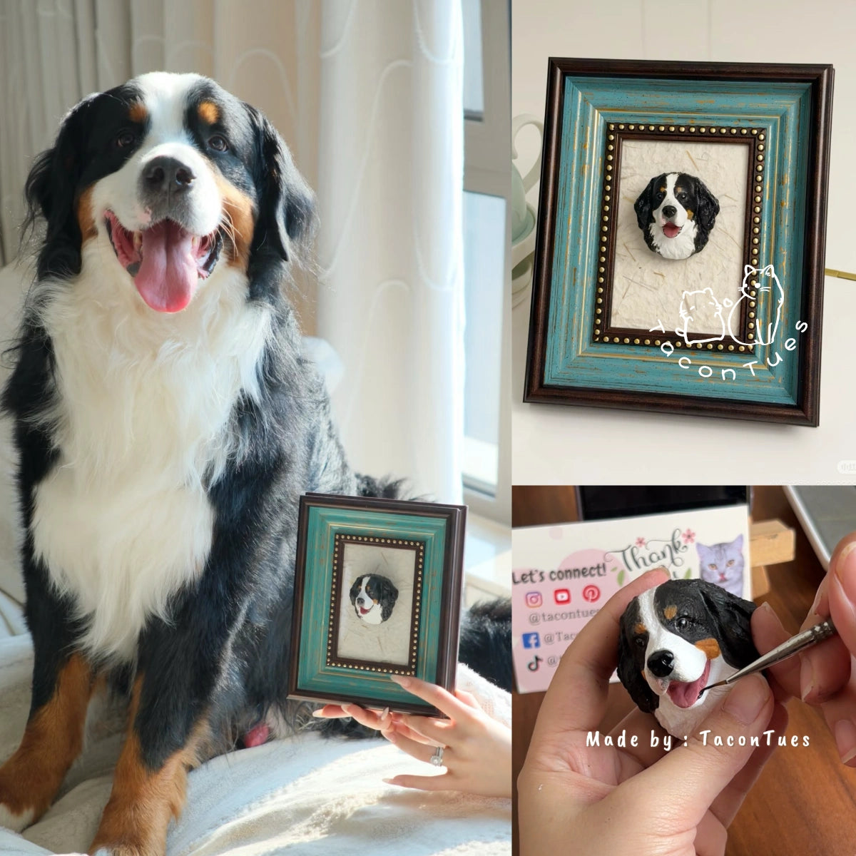 Bernese mountain dog sitting next to its custom hand-painted figurine in a display frame, with close-up of the hand-painting process