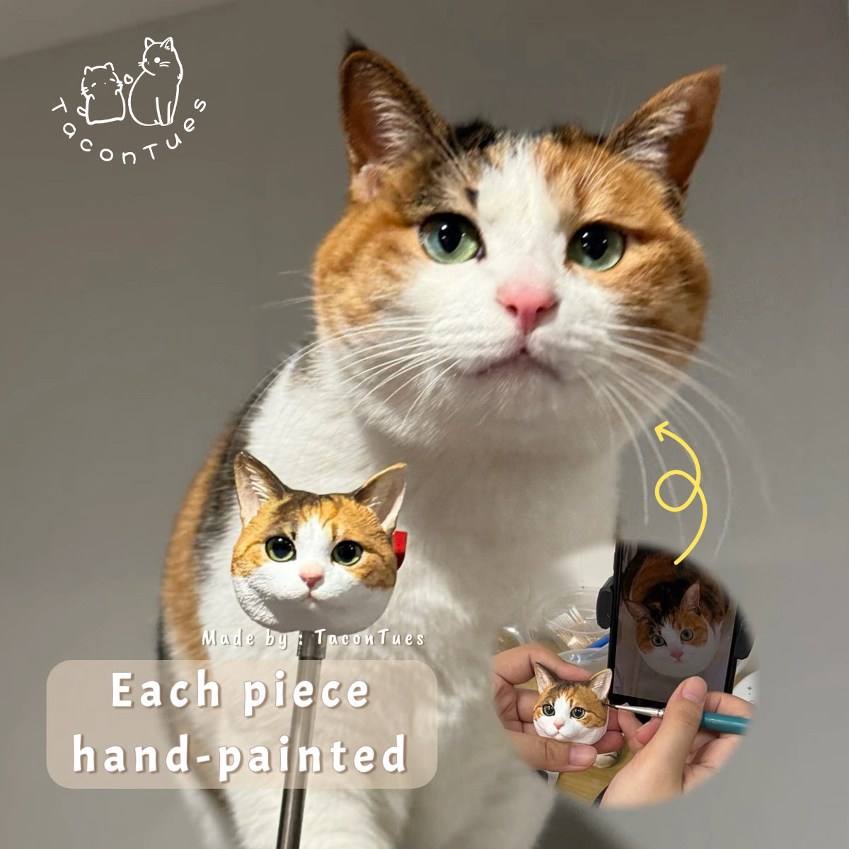 Calico cat next to its custom hand-painted mini figurine, artist painting from a phone reference photo