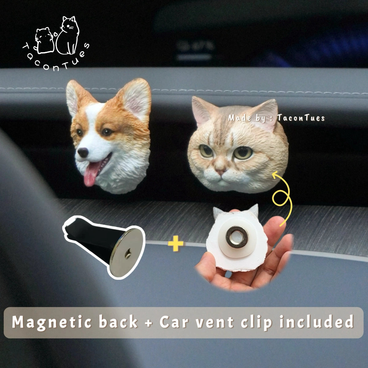 Custom hand-painted pet figurines of a corgi and cat clipped onto a car air vent, showing the magnetic back and included car vent clip