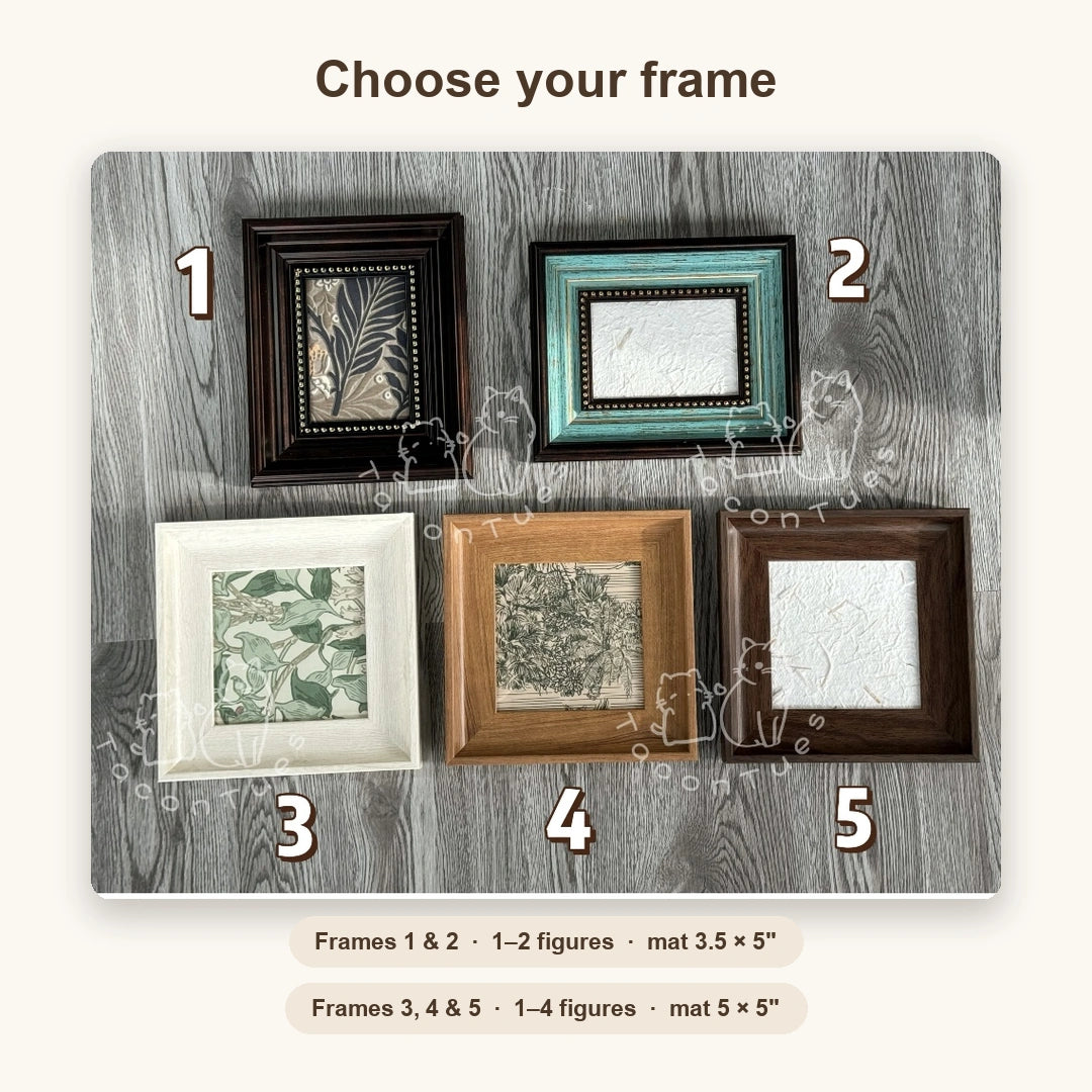 Five wooden frame style options for custom pet figurine displays, holding 1 to 4 hand-painted pet figures