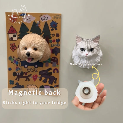 Hand-painted custom pet figurines of a dog and cat stuck on a fridge with built-in magnetic back