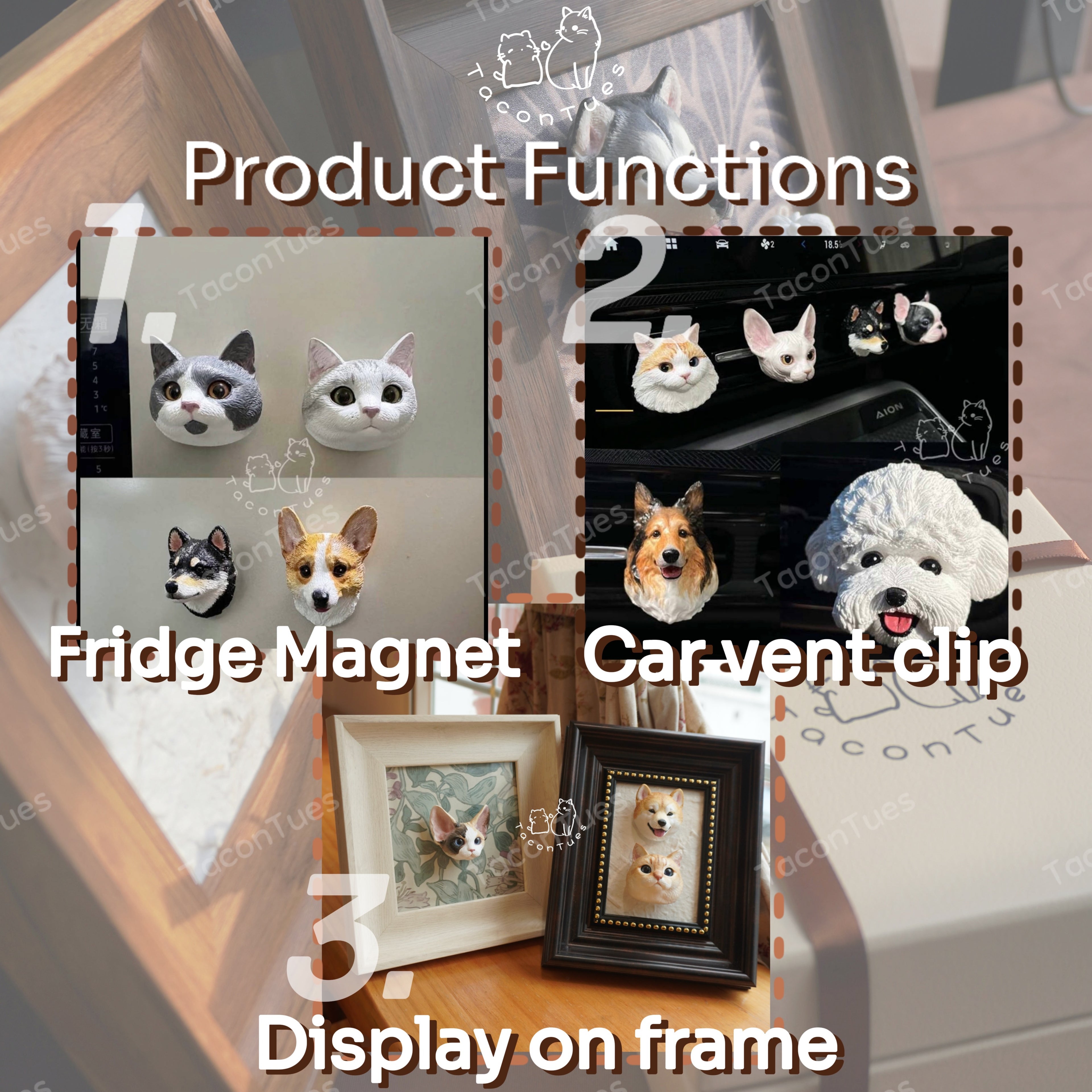 Custom pet figurine 3-in-1 functions: fridge magnet, car vent clip, and display on frame with real product examples