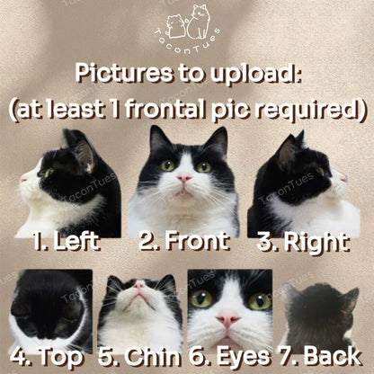 Photo upload guide for custom pet figurine order showing 7 required angles: left, front, right, top, chin, eyes and back