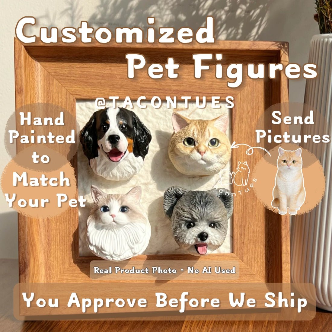 Four custom hand-painted pet figurines of cats and dogs displayed in a wooden frame, real product photo with no AI used