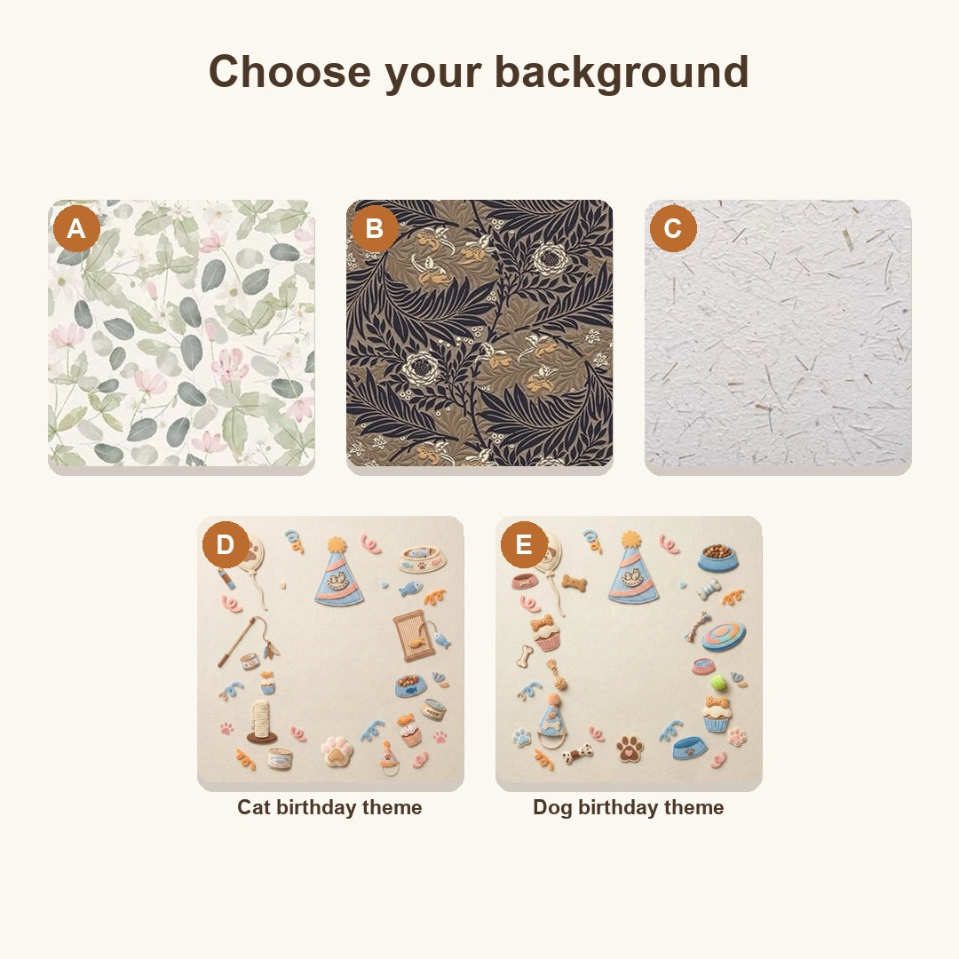 Five background designs for custom pet figurine frames including floral, kraft paper, and cat and dog birthday themes