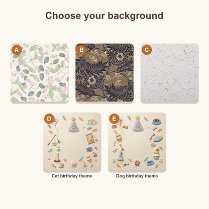 Five background designs for custom pet figurine frames including floral, kraft paper, and cat and dog birthday themes