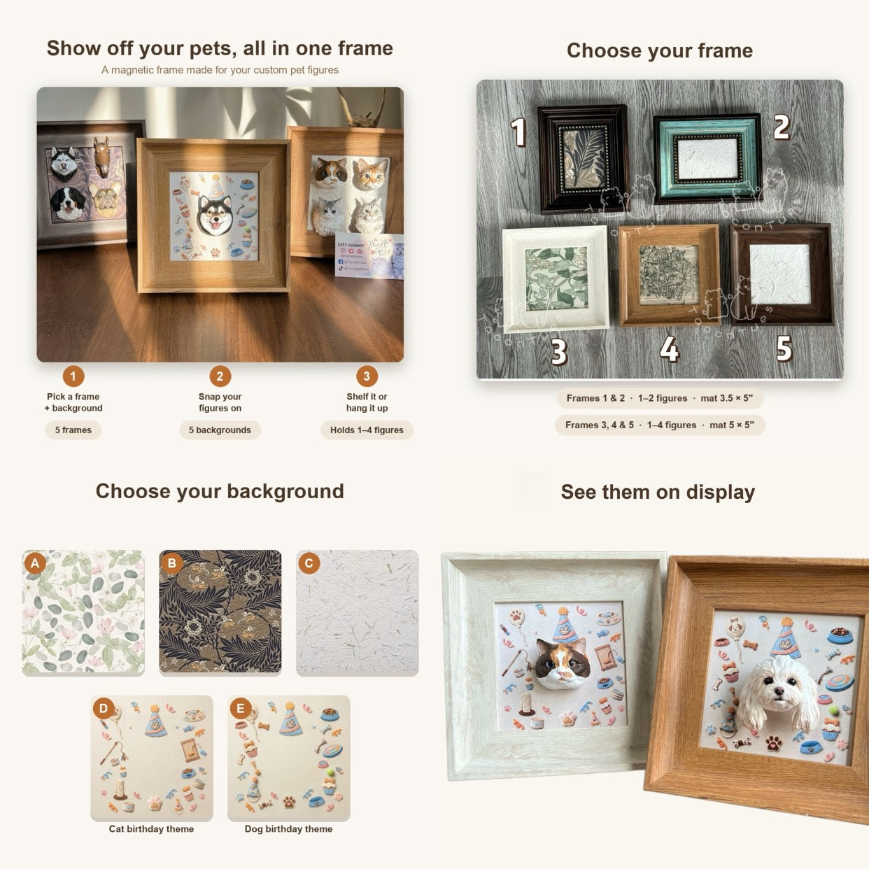 Custom hand-painted pet portrait magnetic frame guide: finished displays, 5 frame styles, 5 background designs, and framed cat and dog figures on a shelf
