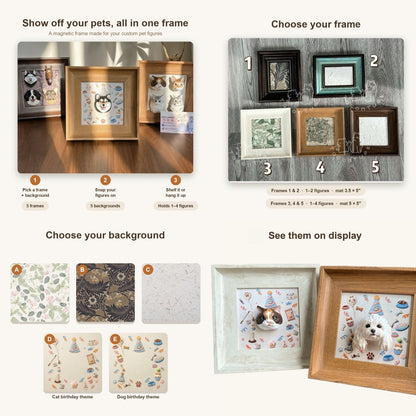 Custom hand-painted pet portrait magnetic frame guide: finished displays, 5 frame styles, 5 background designs, and framed cat and dog figures on a shelf