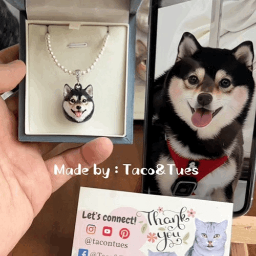 Artist hand-painting a custom shiba portrait pendant necklace, showing detailed painting process, made by Taco&amp;Tues no AI