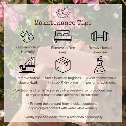 Maintenance tips for custom pet portrait necklace: keep away from humidity, remove before sleep and exercise, store in sealed box, avoid chemicals, 925 silver care guide