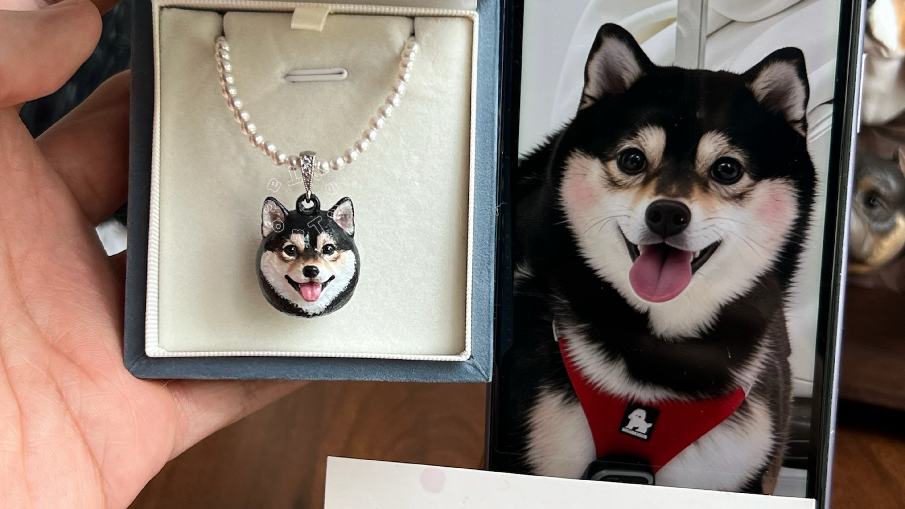 Custom Shiba Inu dog portrait necklace in gift box next to real dog photo, handpainted pet memorial jewelry by Taco&Tues